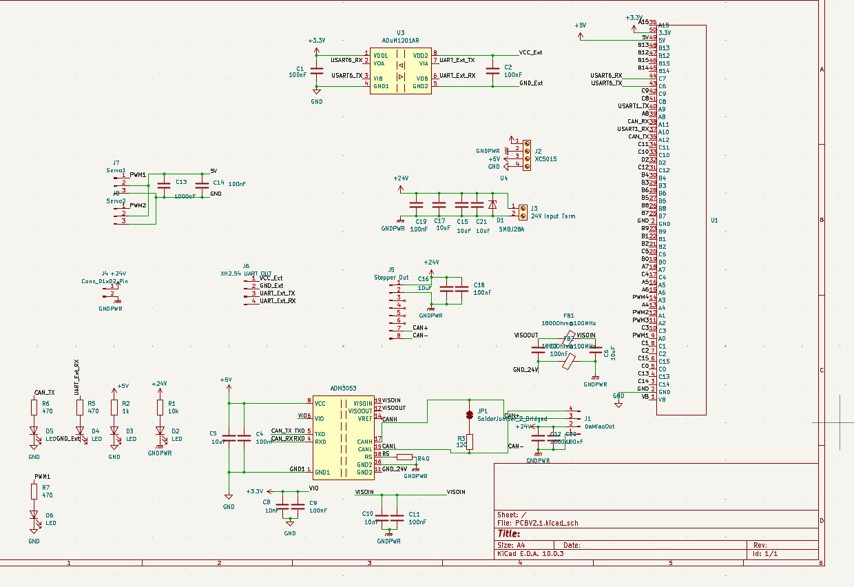KiCad schematic showing ADM3053 isolated CAN and ADM1201AR digital isolator