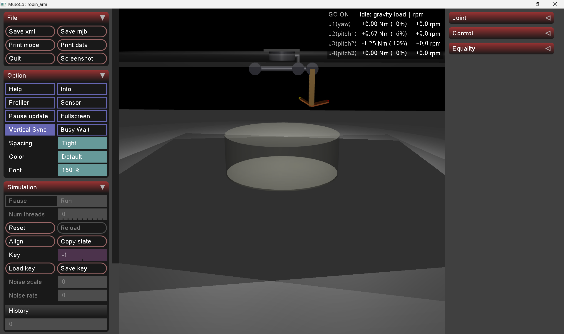 MuJoCo simulation of the inverted 4-DOF arm with gravity compensation